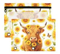 Binder Pouches, 3 Ring Binder Pencil Pouch, 2 Pack Waterproof Clear Window Storage Pouch, Back to School Stationery Organizer Highland Cow Animal Lover Watercolor Sunflower