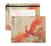 Binder Pouches Clear Window 3 Hole Punch for A4 Paper Letter 2 Pack Students Class Phoenix Bird Chinese Ink Painting Red Gold