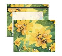Binder Pouches Sturdy Plastic File Folder for 3 Rings Binder 2 Pack Students Office Yellow Flowers Bees Green Leaves Spring