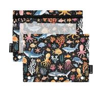 Binder Pouches Wild Sea Life Pattern 3 Ring Pencil Pouch Zipper Pen Case Bag with Clear Window for Office School College Supplies, 2PCS