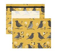 Binder Pouches with Smooth Zippers 3 Rings Pocket for A4 Paper Letter 2 Pack Teacher Office Cartoon European Starling Birds Gold