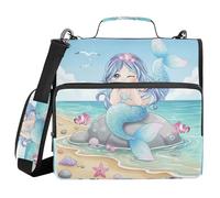 Binder with Extra Pockets with Shoulder Strap & Handle Waterproof 1.5 Inch 3 Ringing Pencil Case Portfolio Binder Stationery Organizer Supplies Mermaid on A Rock by The Sea