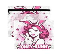 Binder with Zipper with Clear Window 3 Hole Pouched folders Retro Bunny Girl Clear Window & Grommets 3 Hole Binder for School, Office & Home 2 PCS