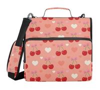 Binder with Zipper with Shoulder Strap & Handle Multiple Pockets 1.5 Inch 3 Ringing Pencil Case Portfolio Binder Office Supplies Heart Cherry Pattern Orange