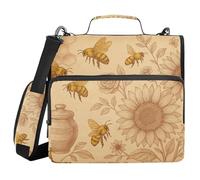 Binder with Zipper with Shoulder Strap Multiple Pockets 1.5 Inch 3 Ringing Pencil Cases Portfolio Binder Home Travel Cards Storage Container Retro Honey Bee