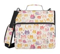Binder with Zipper with Shoulder Strap Waterproof 1.5 Inch 3 Ringing Pencil Case Portfolio Binder Home Travel Cards Storage Container Kawaii-Style Rainbow Cat Pudding Dots
