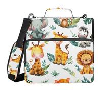 Binder Zipper Organizer with Handle Multiple Pockets 1.5 Inch 3 Ringing Storage Bag Portfolio Binder Home Travel Cards Storage Container Giraffe Watercolor Jungle Animal Design
