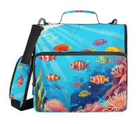 Binder Zipper Organizer with Handle Waterproof 1.5 Inch 3 Ringing Pencil Cases Portfolio Binder Stationery Supply Colorful Underwater World with Fish and Corals