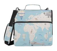 Binder Zipper Organizer with Shoulder Strap & Handle Waterproof 1.5 Inch 3 Ringing Pencil Case Portfolio Binder Stationery Accessories World Map Childish