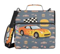 Binder Zipper Organizer with Shoulder Strap Laege Capacity 1.5 Inch 3 Ringing Pencil Bags Portfolio Binder Storage Container Race Car and Burger Pattern