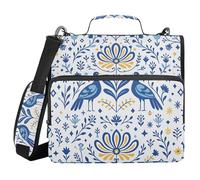 Binder Zipper Organizer with Shoulder Strap Multi-Pocket 1.5 Inch 3 Ringing Storage Bag Portfolio Binder Storage Container Folk Art Blue