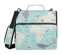 Binder Zipper Organizer with Shoulder Strap Multiple Pockets 1.5 Inch 3 Ringing Pencil Cases Portfolio Binder Office Supplies World Map Cartoon