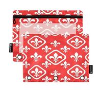 Binder Zippered Pouch with Clear Window, 2 Pack Three Ring Pencil Pouch Girls Kids School Supplies, 9.8″ × 7″, White Fleur De Lis Bright Red