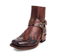 Men's Western Ankle Boots Buckle Strap Boots Retro Leather Square Toe Cowboy Short Boots Cowboy Motorcycle Boots,Brown,41