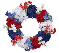 BINFEN 4th of July Wreath - Red White Blue Silk Hydrangea Patriotic Wreaths for Front Door, Memorial & Independence Day Decorations, Americana Decor for Porch Wall Window Outdoor (16”, Green Leaves)