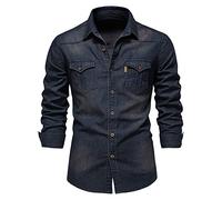 BINGFENG Men's Denim Shirts Plain Double Pockets Slim Fit Casual Long Sleeve Cowboy Shirts for Men Western Navy Blue