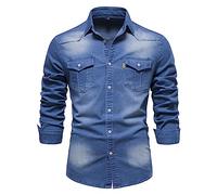 BINGFENG Men's Denim Shirts Plain Double Pockets Slim Fit Casual Long Sleeve Cowboy Shirts for Men Western