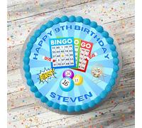 Bingo Game Personalised Happy Birthday Cake Topper, Blue, 7.5 Inch Round