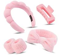 Bingobang 5 Pcs Spa Headband for Washing Face with Wristband and Hair Clips, Microfiber Elastic Fluffy Bowknot Makeup Hairband Set, Soft Coral Fleece Skincare Headband for Beauty (Pink)