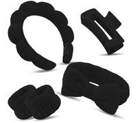 Bingobang 5 Pcs Spa Headband for Washing Face with Wristband and Hair Clips, Microfiber Elastic Fluffy Bowknot Makeup Hairband Set, Soft Coral Fleece Skincare Headband for Beauty (Black)