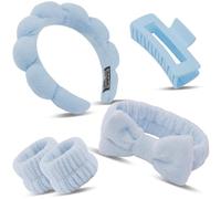Bingobang 5 Pcs Spa Headband for Washing Face with Wristband and Hair Clips, Microfiber Elastic Fluffy Bowknot Makeup Hairband Set, Soft Coral Fleece Skincare Headband for Beauty (Blue)