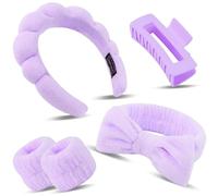Bingobang 5 Pcs Spa Headband for Washing Face with Wristband and Hair Clips, Microfiber Elastic Fluffy Bowknot Makeup Hairband Set, Soft Coral Fleece Skincare Headband for Beauty (Purple)