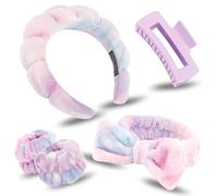 Bingobang 5 Pcs Spa Headband for Washing Face with Wristband and Hair Clips, Microfiber Elastic Fluffy Bowknot Makeup Hairband Set, Soft Coral Fleece Skincare Headband for Beauty (Tie-dye Purple)