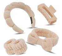 Bingobang 5 Pcs Spa Headband for Washing Face with Wristband and Hair Clips, Microfiber Elastic Fluffy Bowknot Makeup Hairband Set, Soft Coral Fleece Skincare Headband for Beauty (Khaki)