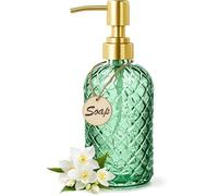 Bingobang Bathroom & Kitchen Glass Soap Dispenser with Hand Gold Pump 304 Rustproof Stainless Steel, 16 Oz Refillable Liquid Hand Wash Jar Dispenser Lotions Shampoo Bottle for Laundry Room (Green)