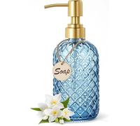 Bingobang Bathroom & Kitchen Glass Soap Dispenser with Hand Gold Pump 304 Rustproof Stainless Steel, 16 Oz Refillable Liquid Hand Wash Jar Dispenser Lotions Shampoo Bottle for Laundry Room (Blue)