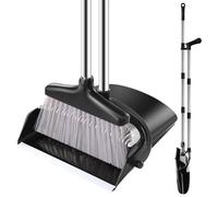 Bingobang Dustpan and Brush Set Long Handled - Broom and Dustpan Set Reduce Bending Tall Lobby Dustpan and Sweeping Brush (Black-grey)