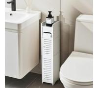 Bingobang Toilet Roll Holder Free Standing with Storage Shelf, Toilet Paper Stand with Crystal Door Handle, Waterproof Bathroom Storage Tissue Cabinet Organiser for Loo Small Space, White