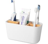 Bingobang Toothbrush Holder for Bathroom, Bamboo Electric Toothbrush and Toothpaste Holder with 5 Storage Slots, Toothbrush Caddy Organiser for Family Bathroom Countertop (White)