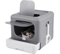 BingoPaw Cat Litter Tray Box: Foldable Top Entry Large Cats Toilet with Lid - Hooded Kitten Litter Tray Easy Cleaning Drawer Design with Scoop Grey