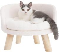 BingoPaw Cat Sofa Chair Bed: Elevated Nordic Pet Stool Bed with Removable Waterproof Mat - Raised Plush Fur Dog Kitten Couch with Wooden Legs Frame (Dia 40cm)