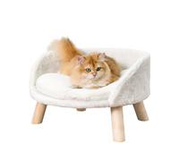 BingoPaw Cat Sofa Chair: Elevated Nordic Pet Stool Bed with Removable Waterproof Mat - Raised Plush Fur Dog Kitten Couch with Wooden Legs Frame (Dia 50cm)