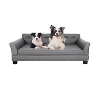 BingoPaw Elevated Extra Large Luxury Leather Dog Sofa Couch Grey (120x74cm) | Scratch Resistant Leather Pet Sofa Lounge Bed for Large Dogs up to 60kg, Wooden Frame Raised Puppy Chair with Cushion