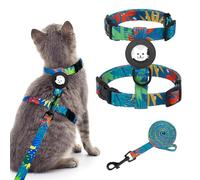 BINGPET Cat Harness and Leash Set Escape Proof for Walking,Adjustable Kitten Harness with Airtag Holder for Small Medium Large Cats (Green Leaves Print,Neck:8"-12",Chest:12.5"-18")