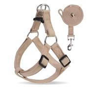 BINGPET Dog Harness Leash Set,Adjustable No Pull Step in Dog Harness,Stylish Denim Puppy Harness for Small and Medium Dogs Easy Walk Training Running(Khaki,S)