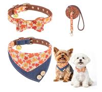 BINGPET Puppy Collar and Leash Set with Bow Tie, Fall Denim Bowtie Bandana | Cute Dog Costumes for Small Dog, Adjustable Classic Collar with Bow for Outdoor Walking, Fit for Girl Boy Doggy, Maple Leaf S