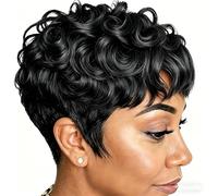 BingSing Natural Black Short Pixie Cut Wigs for Black Women Replacement Curly Hair Wigs Short Black Layered Pixie Wig With Bangs Wig for Black Women (Natural Black)