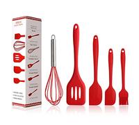 BINHAI Silicone Spatula Set, Red 5 Piece Kitchen Utensils Set, Basting Brushes, Pastry Oil Brush, Egg Beater, Slotted Turner, Stainless Steel Core Silicone Cooking Spatulas Non-Stick