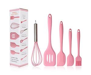 BINHAI Silicone Spatulas Set - Pink 5 pcs Kitchen Utensil Set - Basting Pastry Brush - Pastry Oil Brush - Egg Beater - Slotted Turner - Silicone Cooking Spatula Non-Stick