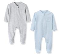 BINIDUCKLING 2 Pack Baby Boys Girls Double Zip Up Sleepsuit - Two-Way Zipper, Baby Footed Pajamas with Mitten Cuffs - Cotton Long Sleeve Baby Footed Onesies for 6-9 Month, Blue&Little Grey