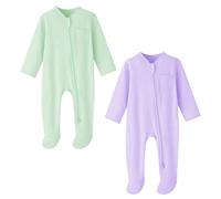 BINIDUCKLING Baby Boys Girls Double Zip Up Sleepsuit - Two-Way Zipper, Baby Footed Pajamas with Mitten Cuffs - Cotton Long Sleeve Onesie for Baby Grows 6-9 Month, Purple and Green