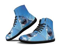 Binienty 3D Shark Print Men's Soft PU Leather High Top Barefoot Shoes Comfortable Minimalist Ankle Boots for Natural Movement & Walking, US 8.5