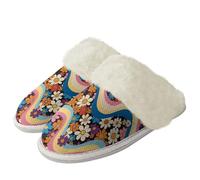 Binienty 70s Hippy Flower Slippers for Men Women Vintage Bedroom Slippers Anti-Skid Cozy Plush Slide Shoes for Indoor Outdoor Travel Weekends Business Trips, Size 9.5-10.5