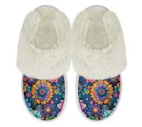 Binienty Abstract Mandala All-Season Fuzzy Slippers Women Vintage Breathable Plush House Shoes Slip on Winter Warm Slide Slippers for AC Offices & Autumn Backyard BBQs, Size 7.5-8.5