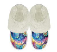 Binienty Abstract Planet Fuzzy House Slippers for Women Memory Foam Comfy Bedroom Indoor Slip on Shoes with Fur Collar, Size 2.5-3.5
