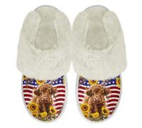 Binienty American Flag Highland Cow House Shoes for Men Women Indoor Outdoor Memory Foam Soft Plush Slippers Comfy Warm Slip on Bedroom Shoes for Wife, Size 7.5-8.5